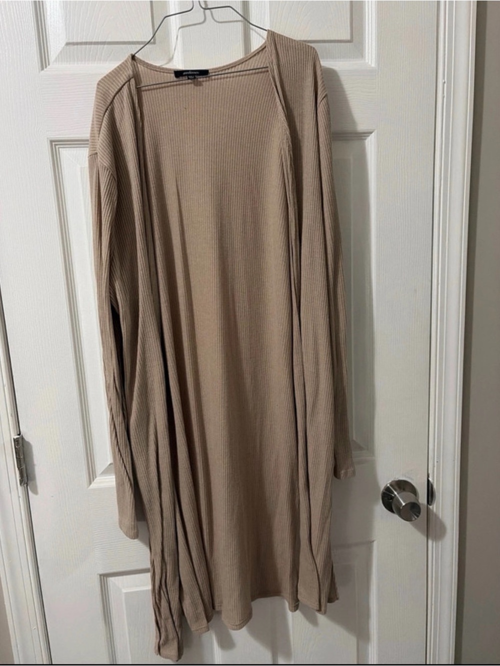 Ambiance Longline Open-Front Ribbed Cardigan in Taupe Beige